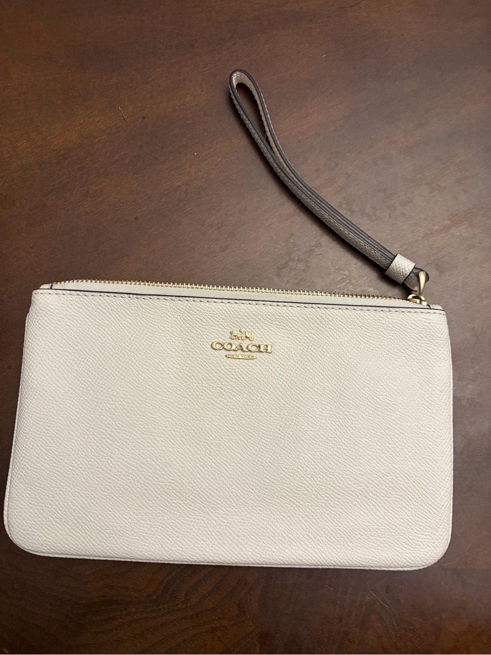 Cream Coach Pebbled Leather Wristlet Wallet with Gold Hardware